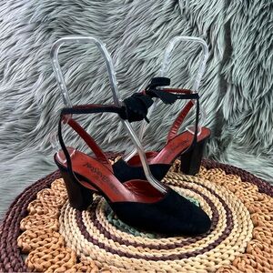 VTG 90s Yves Saint Laurent Sz 7.5 Black Suede Lace Around Block Heel Shoes Italy